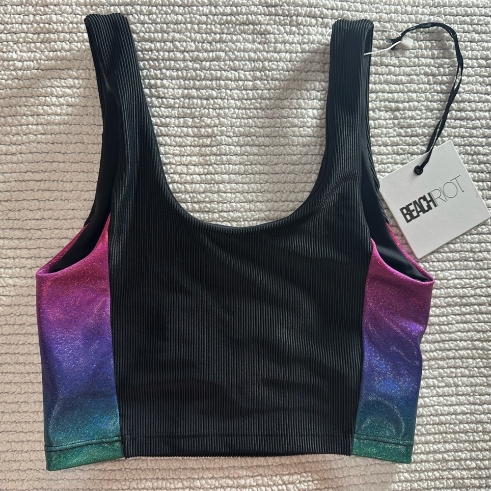 Beach Riot sport Tessa Top, NWT black/sparkly rainbow sides.